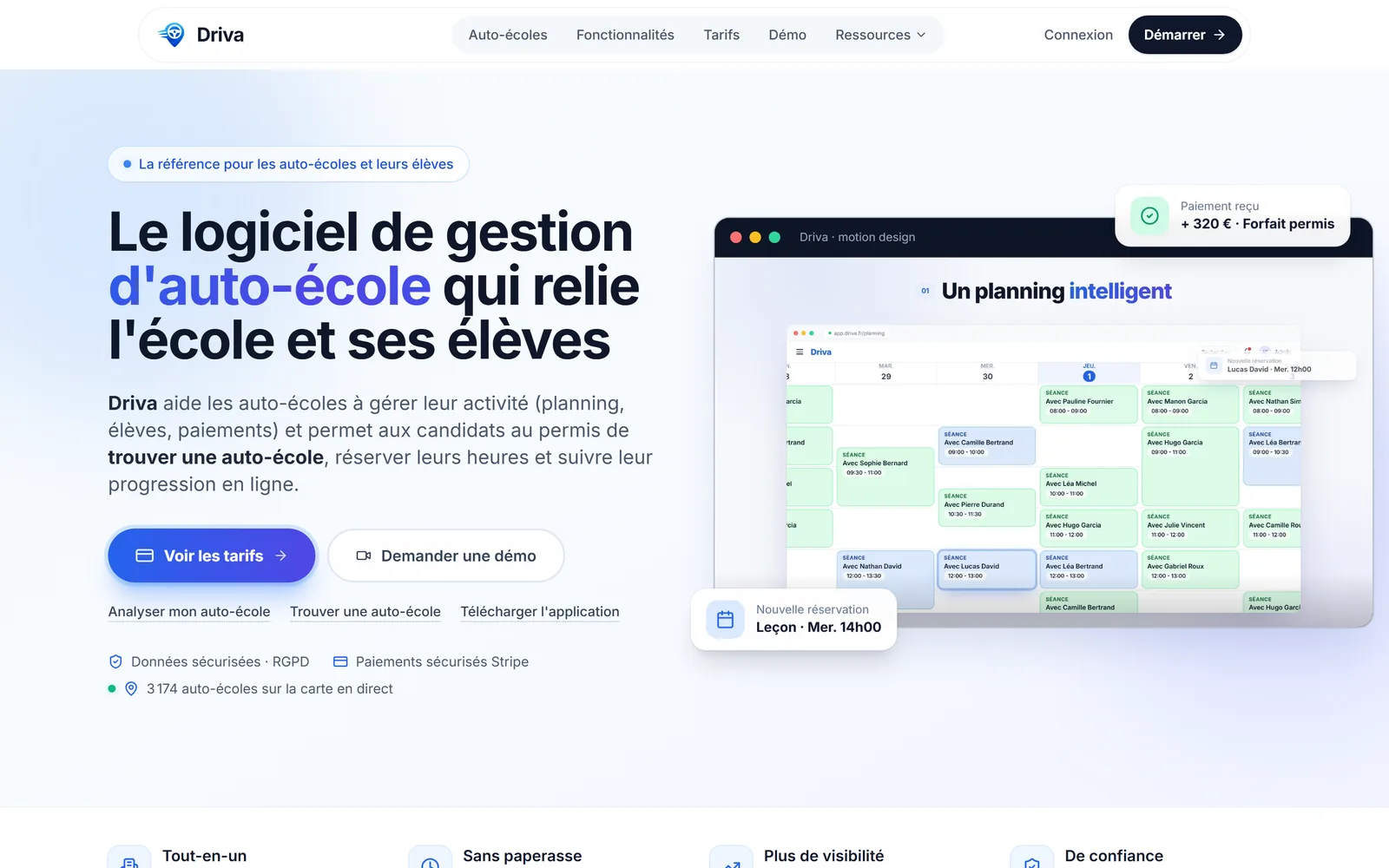 Capture d’écran du site Driva (logiciel saas)